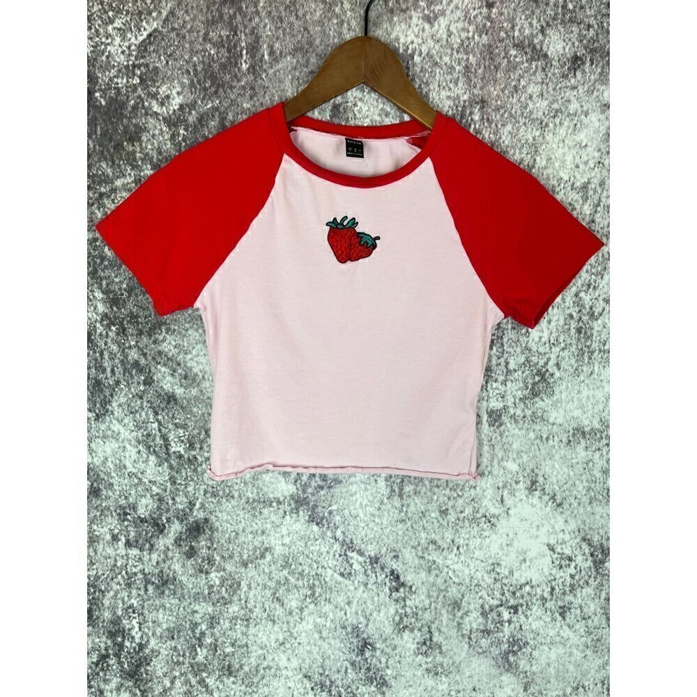 Shein Strawberry Red Pink Cropped Shirt Top Women's Small
